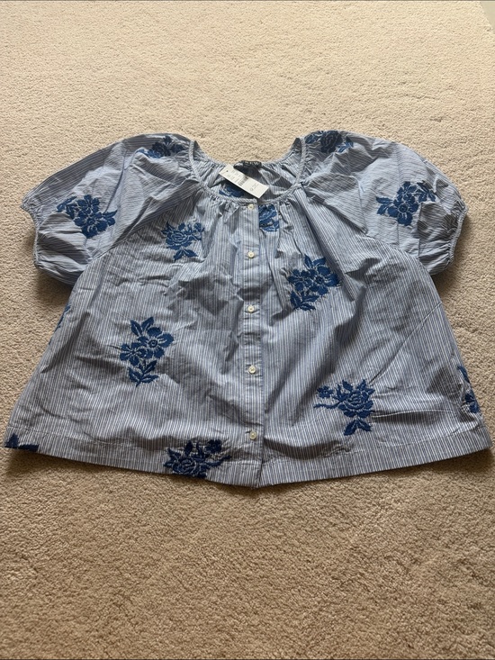 J. Crew Tops - J. Crew Light Blue Striped Blouse with Navy Floral Embroidery